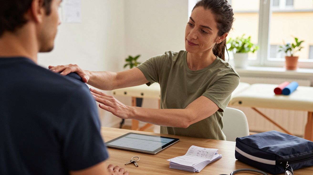 Fisioterapeuta avaliando ombro de paciente em consultório com mesa, tablet e caderno.