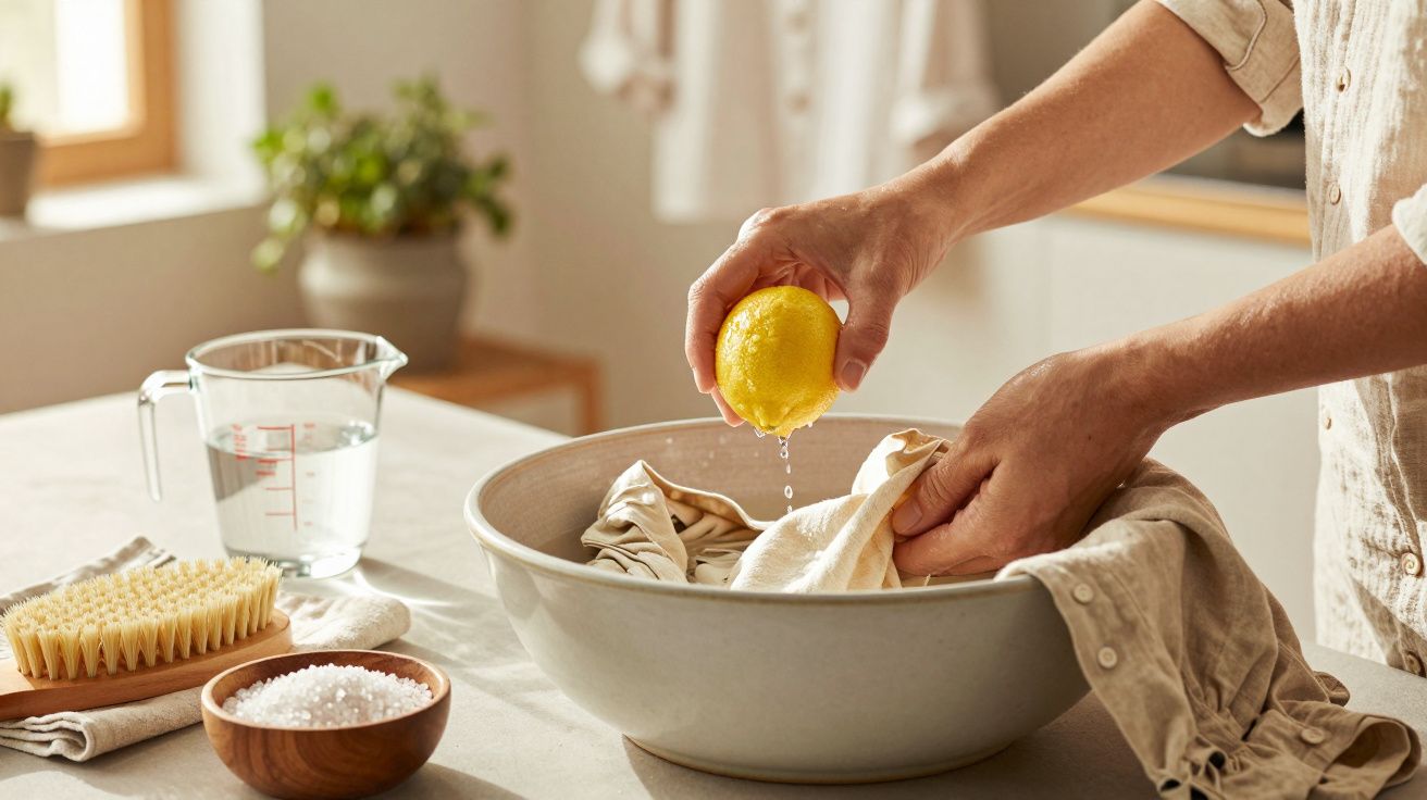 Mãos espremem limão sobre uma tigela com tecido, ao lado de escova, sal e copo com água, em ambiente iluminado.