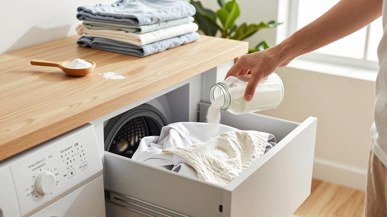 Pessoa adicionando sabão em pó na gaveta da máquina de lavar. Roupas dobradas e colher de madeira ao fundo.