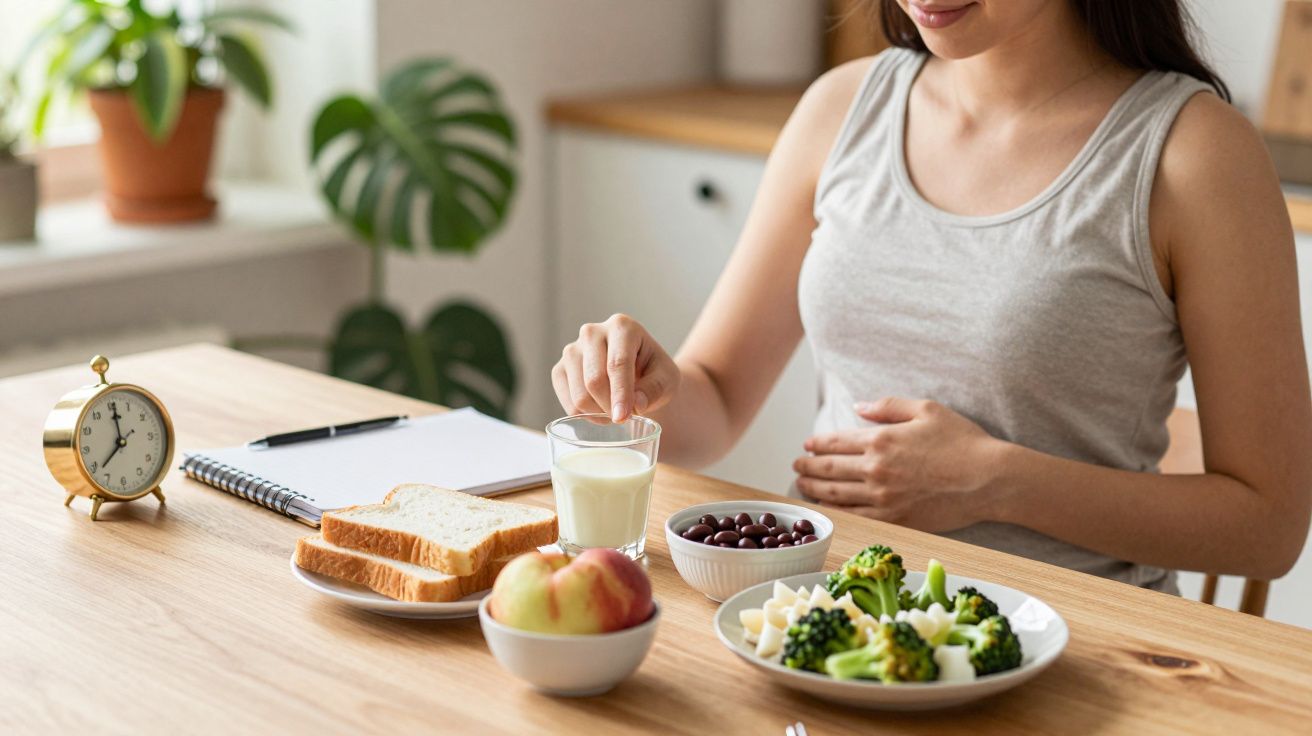 Mulher sentada à mesa com café da manhã saudável: frutas, salada, pão e leite. Relógio e caderno ao lado.