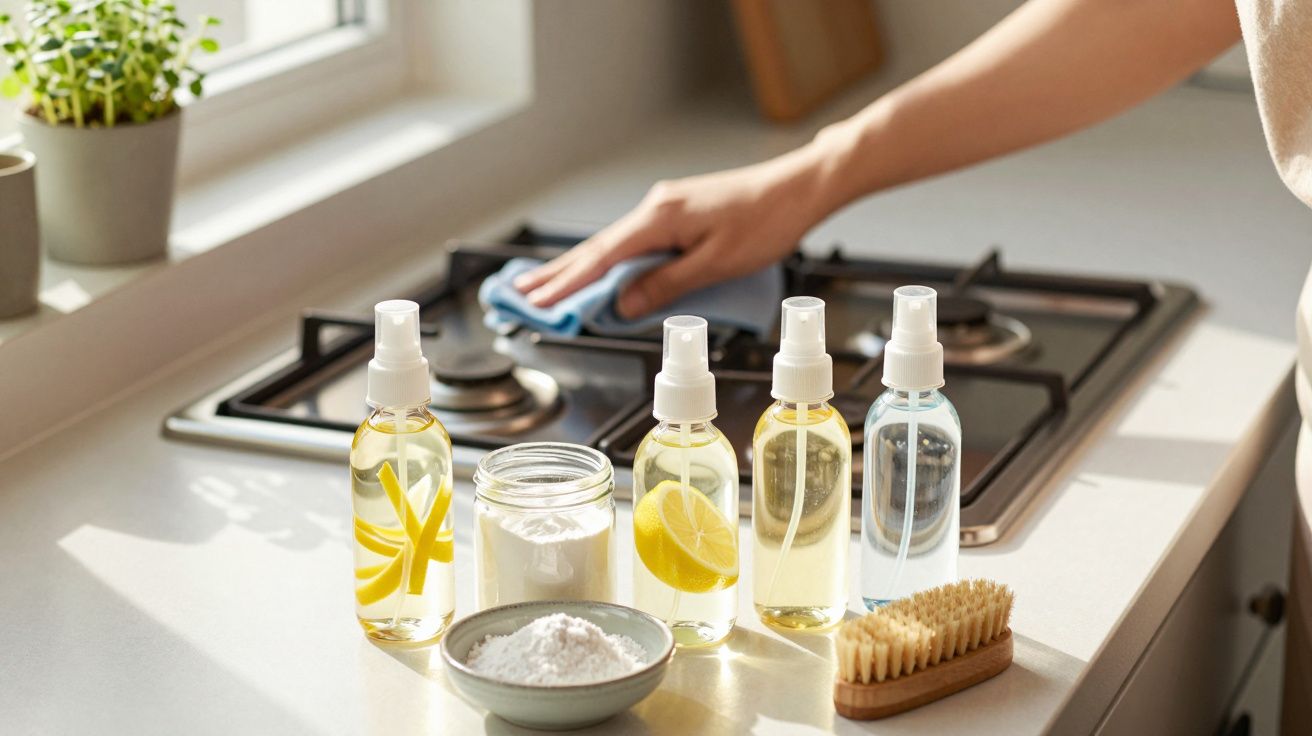 Mão limpando fogão com pano. Frascos de spray com limão e bicarbonato ao lado, com escova e planta na janela.