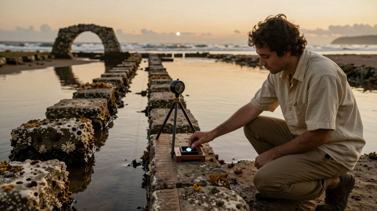 Homem ajusta dispositivo em praia ao pôr do sol, cercado por pedras e estrutura em arco ao fundo.