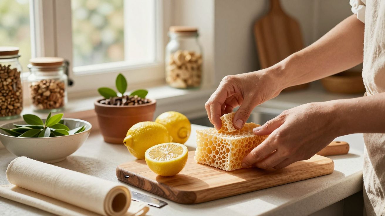 Mãos manuseando favo de mel em táboa de corte, com limões, plantas e frascos ao fundo, em uma cozinha iluminada.