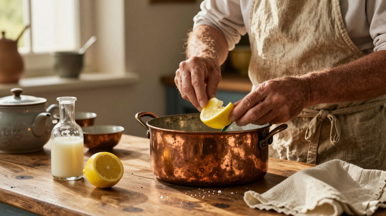 Pessoa espremendo limão em panela de cobre em uma cozinha iluminada.