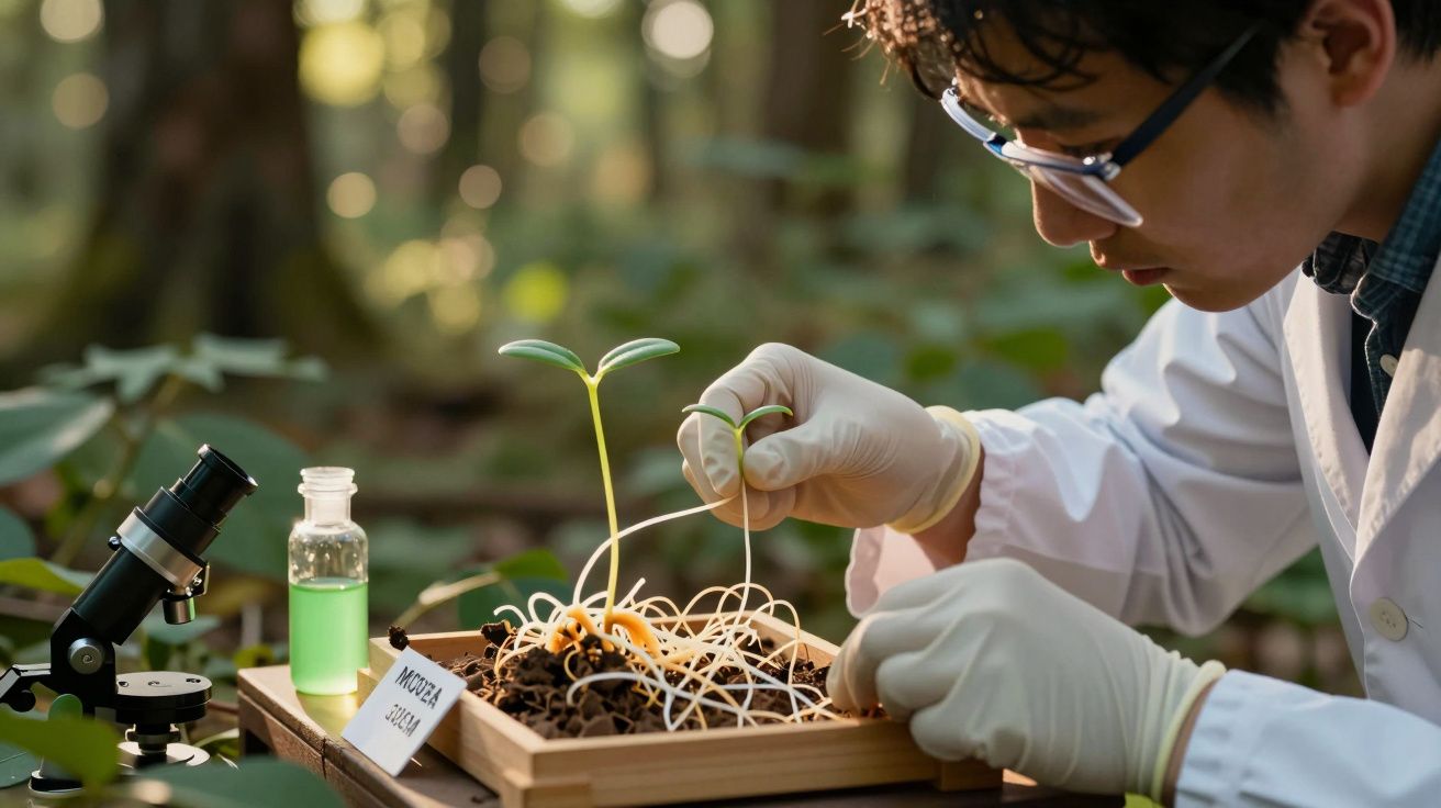Cientista com jaleco e luvas examina plantas e raízes em laboratório ao ar livre com microscópio e frasco ao lado.