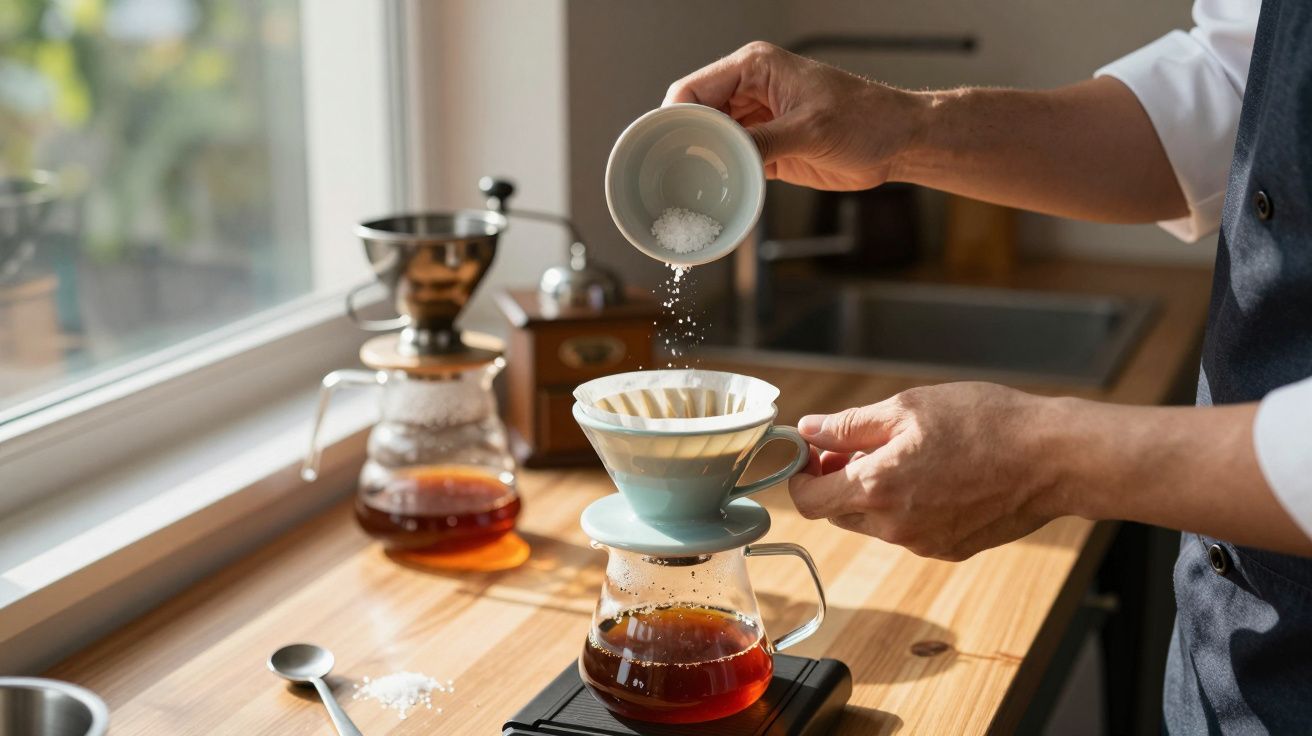 Pessoa preparando café filtrado em uma cozinha ensolarada. Açúcar é adicionado sobre coador no topo de jarra de vidro.