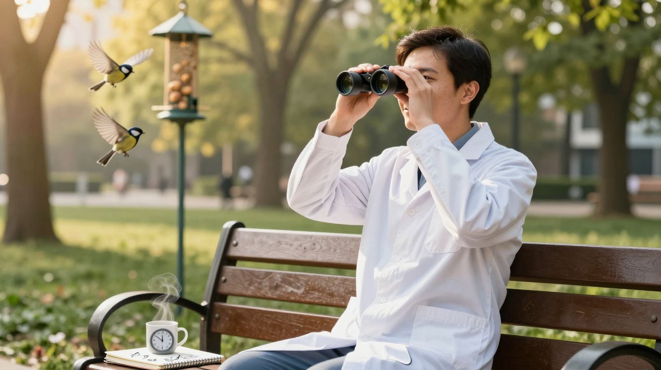Homem de jaleco observa pássaros com binóculos em um parque, sentado em um banco com xícara de café e caderno ao lado.