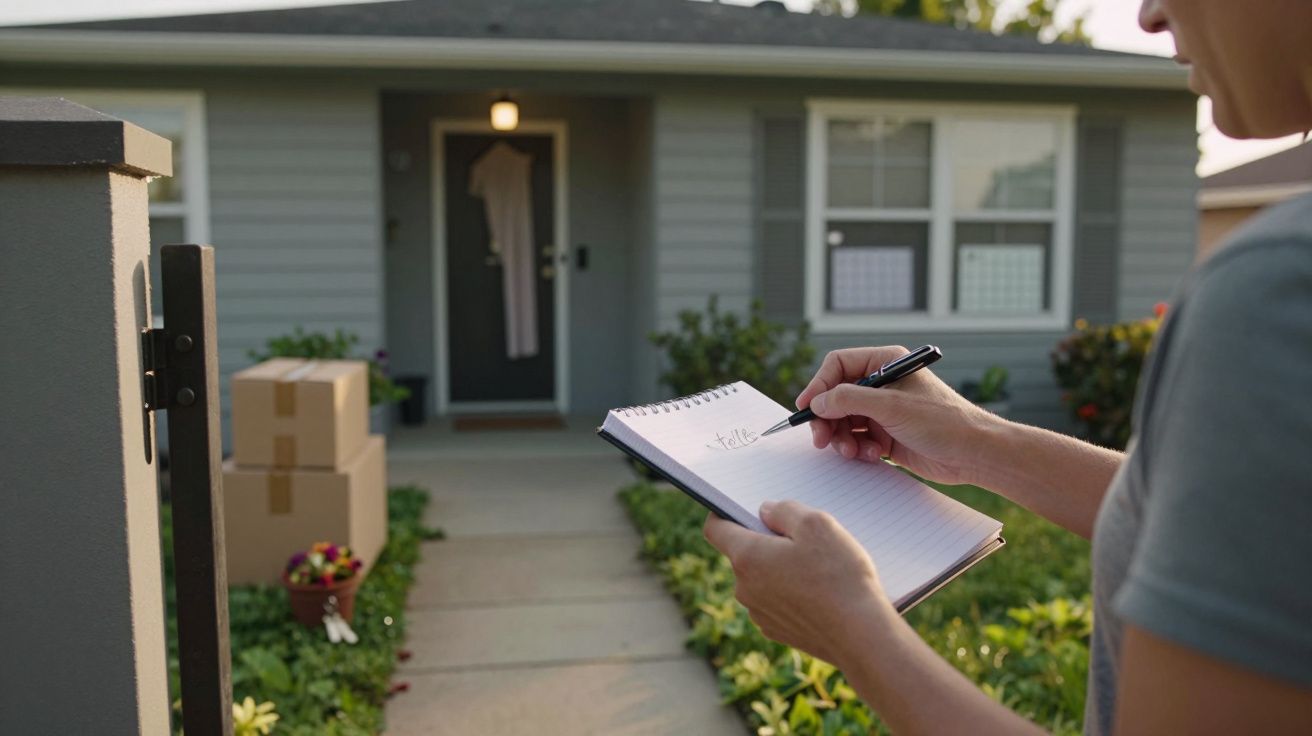Pessoa anotando algo em caderno em frente a uma casa cinza com caixas e flores na entrada.