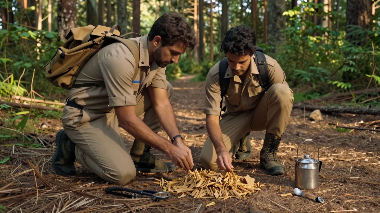 Dois homens vestidos de uniforme coletando materiais no chão da floresta.