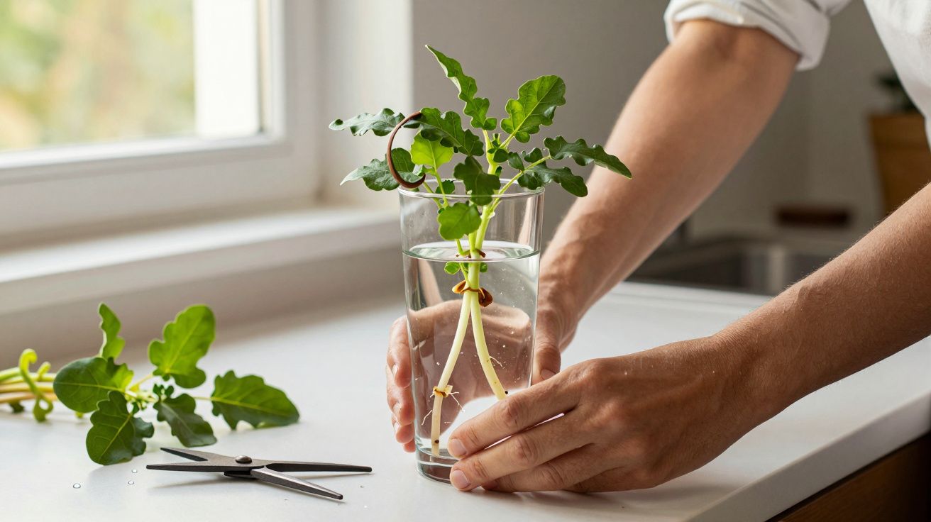 Pessoa segurando um copo com planta enraizando na água, próximo a uma janela. Tesoura de poda ao lado.