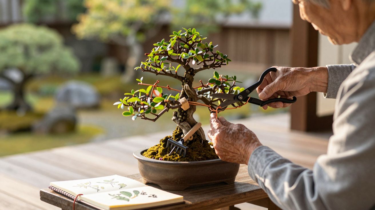 Pessoa cuidando de um bonsai com tesoura em um jardim, caderno aberto ao lado.