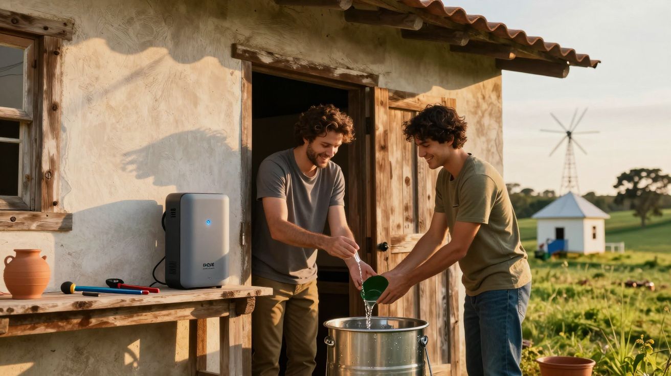Dois homens enchendo um balde com água em frente a uma casa de campo, com moinho ao fundo.