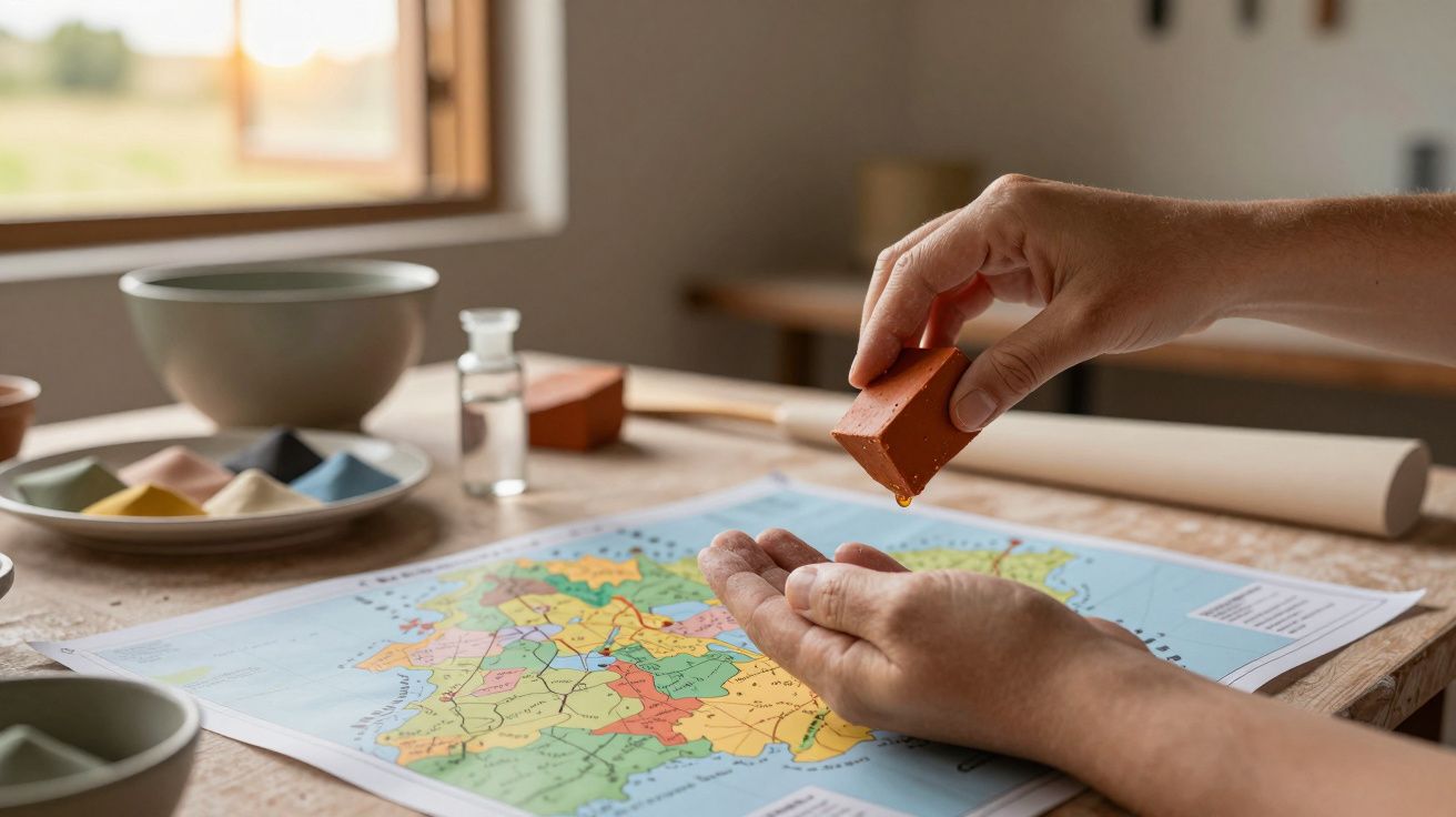 Mãos segurando tijolo em miniatura sobre mapa colorido em mesa, com janela aberta ao fundo.