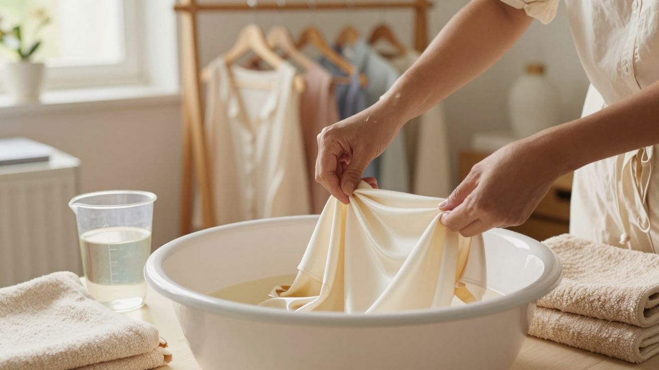 Pessoas lavando tecido delicado em bacia branca com toalhas e roupas penduradas ao fundo.