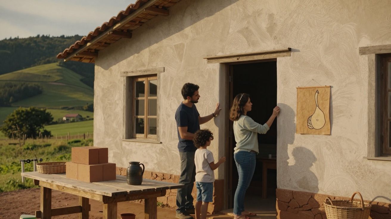 Família pendura quadro em parede externa de casa rural; mesa com caixas e jarra à frente; paisagem verde ao fundo.