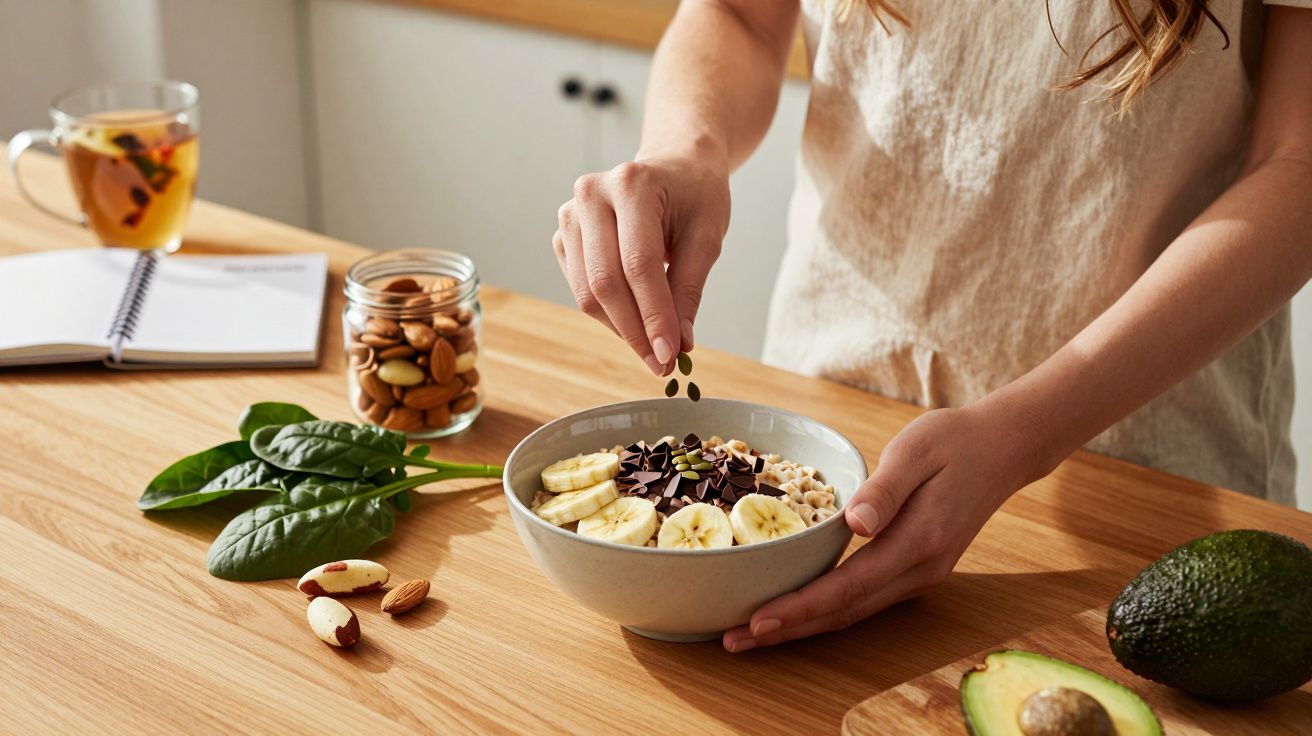 Pessoa preparando tigela de aveia com banana e sementes em mesa de madeira, com abacate, nozes e espinafre ao redor.
