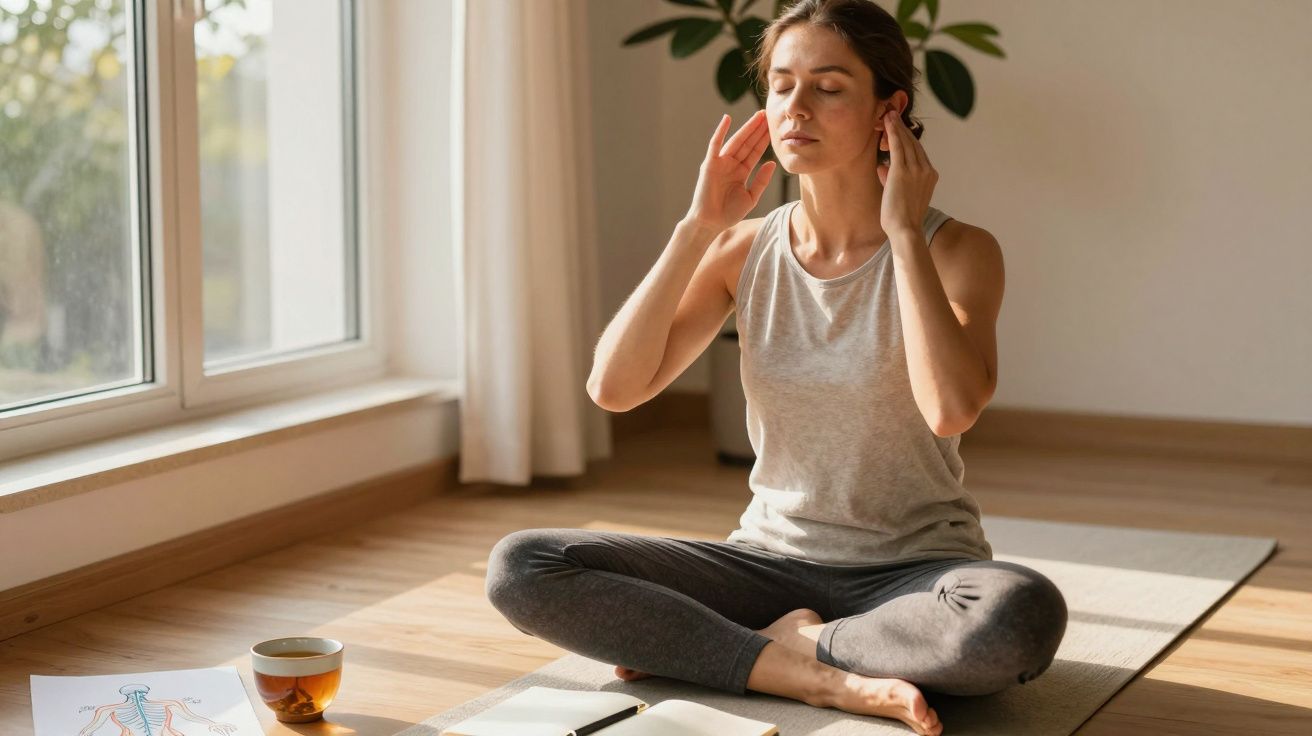 Mulher meditando sentada no tapete, olhos fechados, perto de janela, com chá e caderno ao lado.